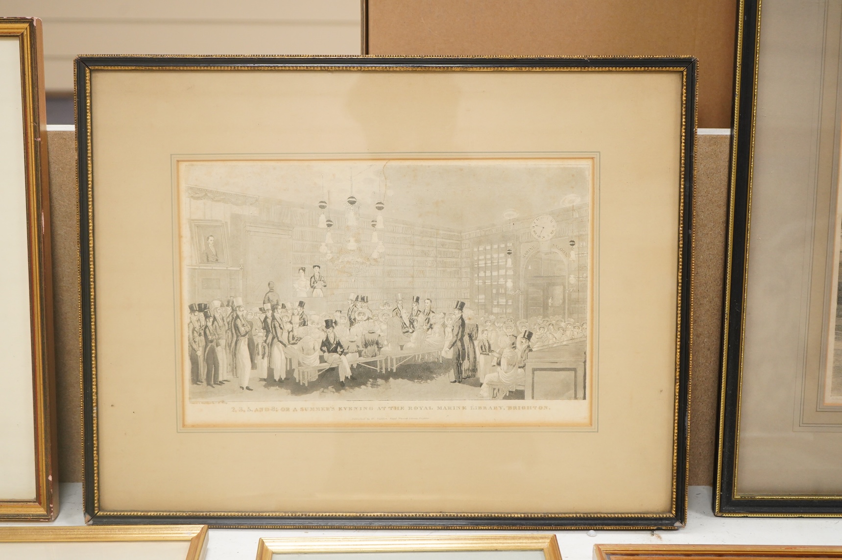 A collection of 19th century and later prints, some Brighton interest to include: Summer's evening at the Royal Marine Library, Brighton, The Lanes and other views of Worthing, Hastings and near Beachy Head, largest 35 x